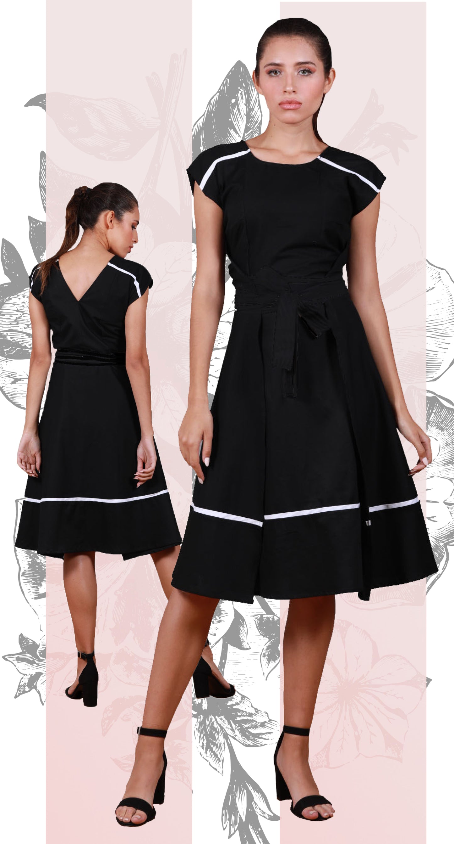 Vestido Envolvente, dos frentes, con bies blanco en canesú de hombro y falda.