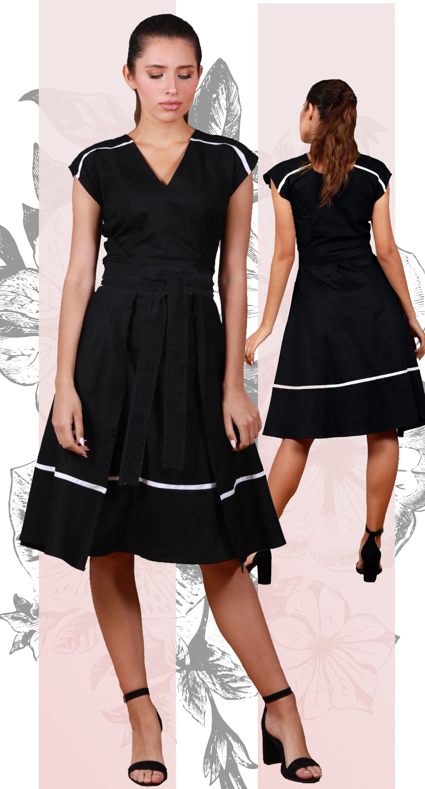 Vestido Envolvente, dos frentes, con bies blanco en canesú de hombro y falda.