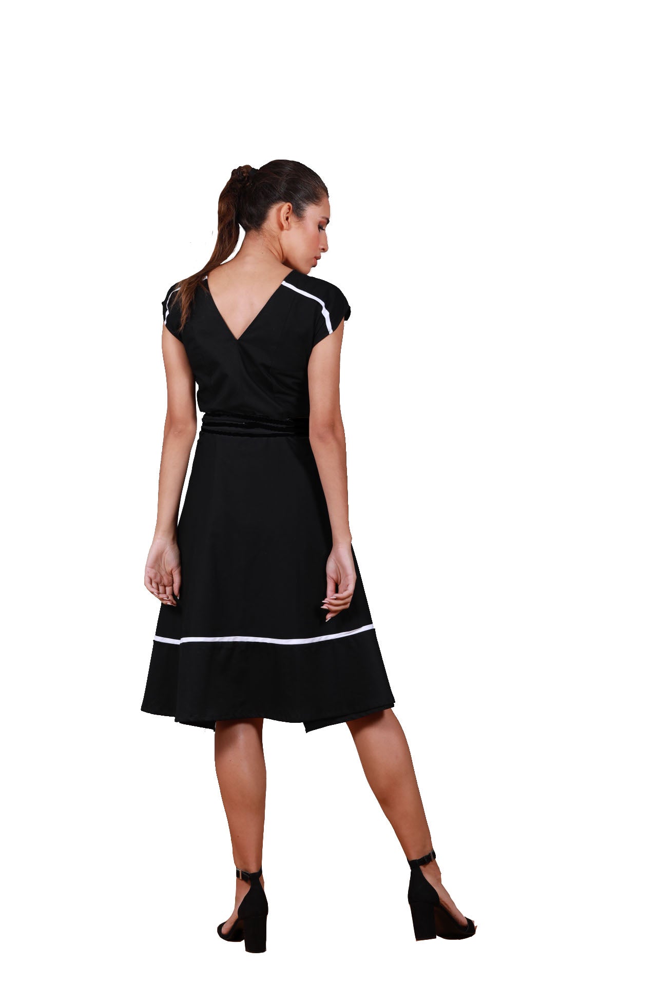 Wrap dress, two fronts, with white bias on shoulder yoke and skirt.