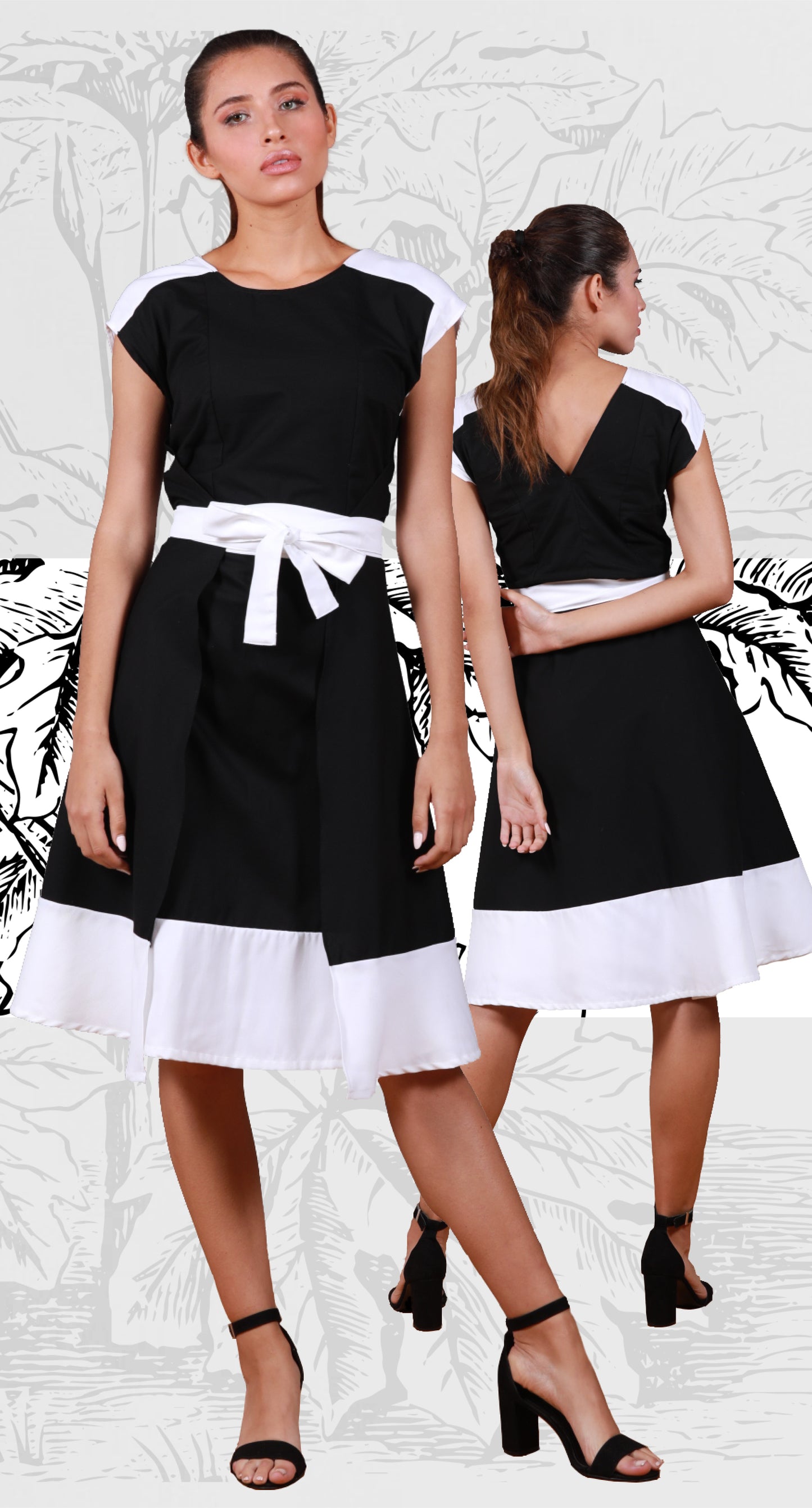 Wrap dress, two fronts, with white shoulder yoke and skirt.